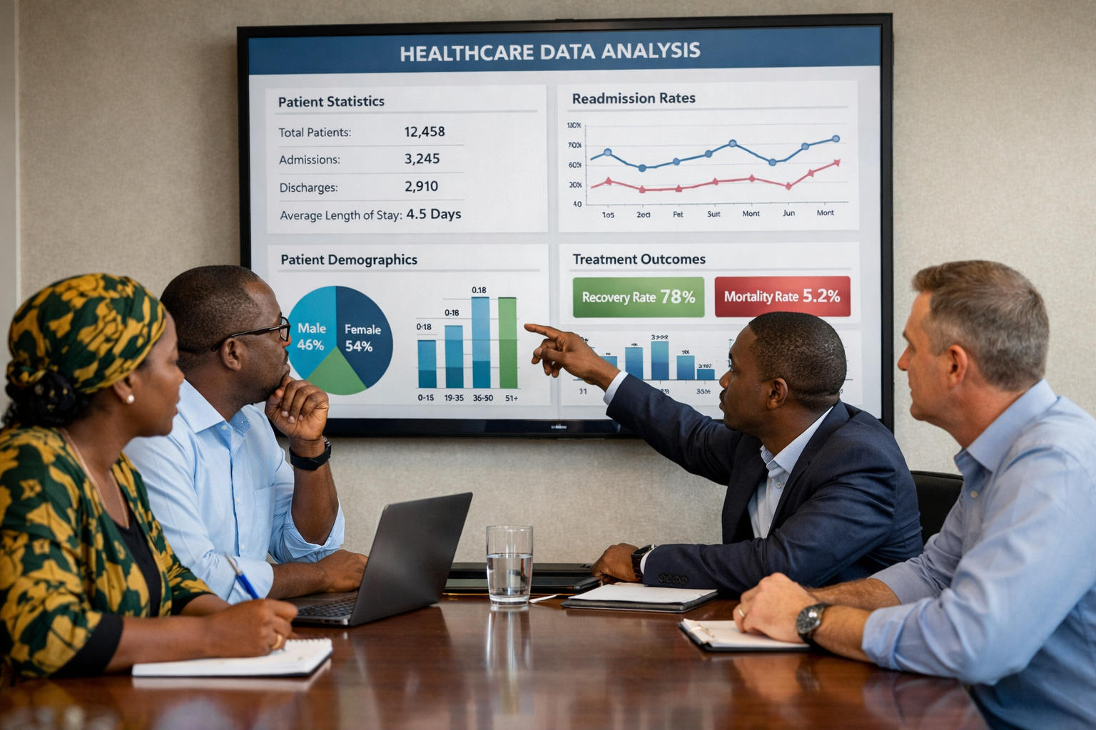 Partnership team reviewing healthcare data on large screen in boardroom